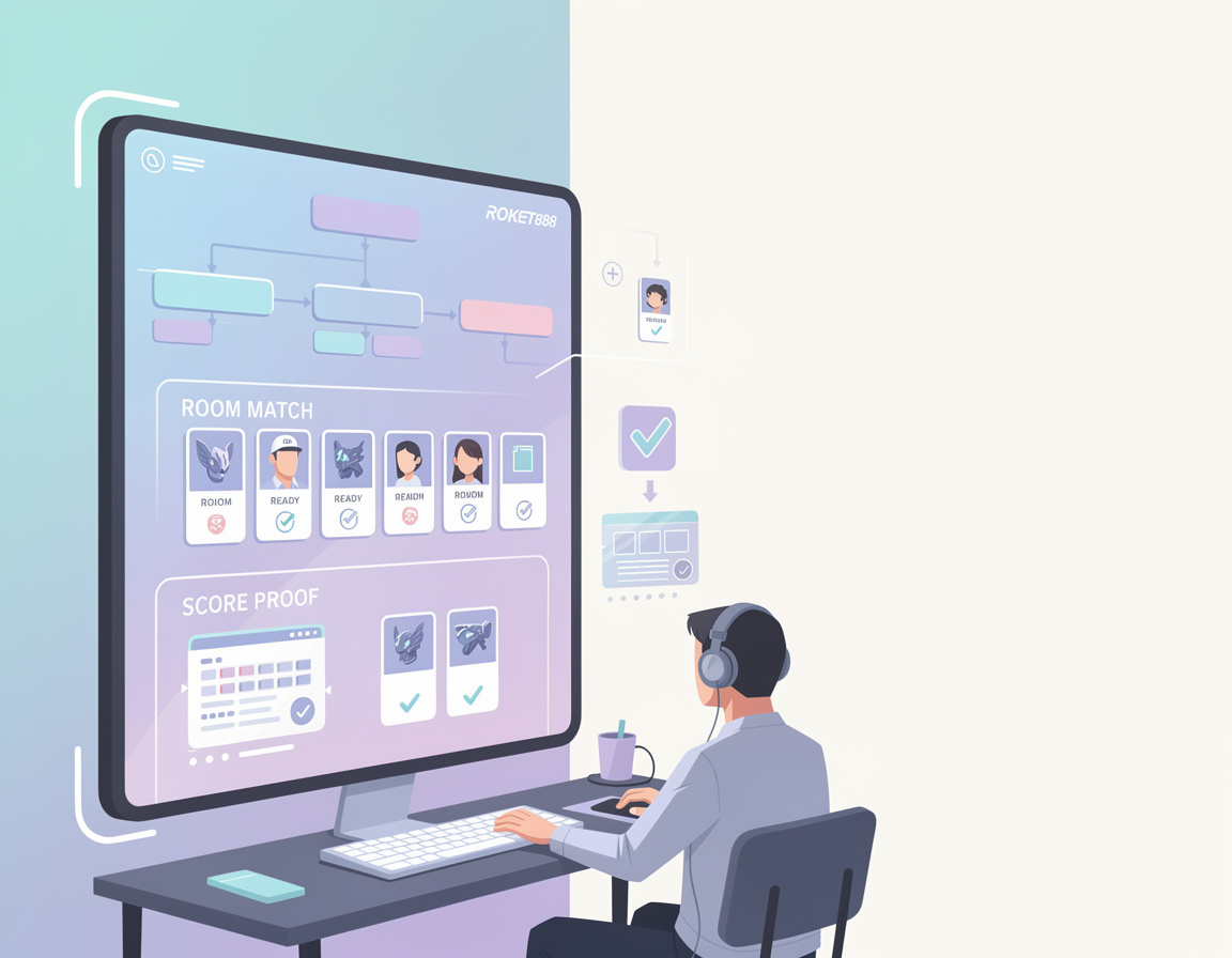 Ilustrasi cara daftar turnamen game online ROKET888 dengan bracket, room match, dan bukti skor