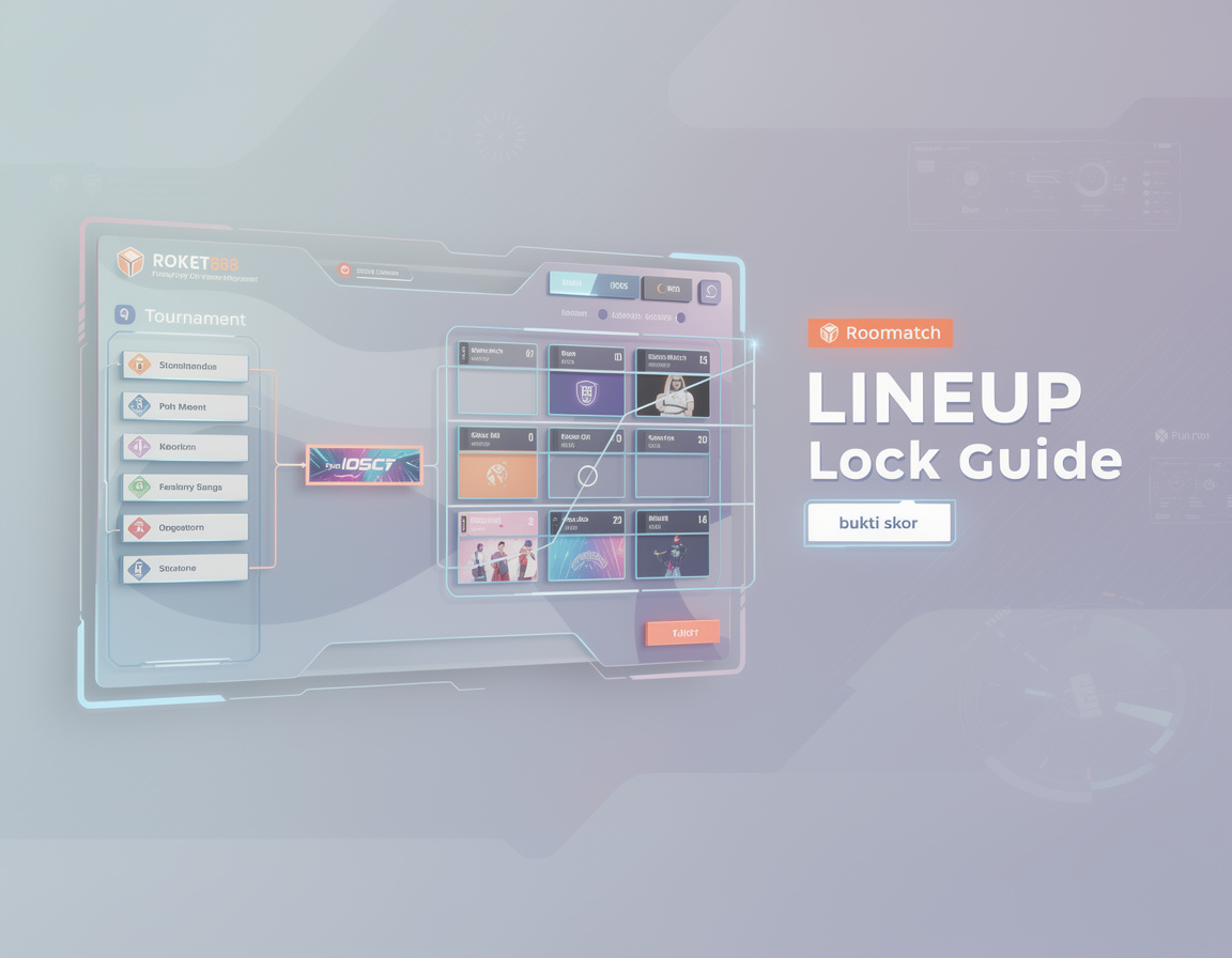 Ilustrasi lineup lock guide ROKET888 dengan bracket, room match, dan bukti skor